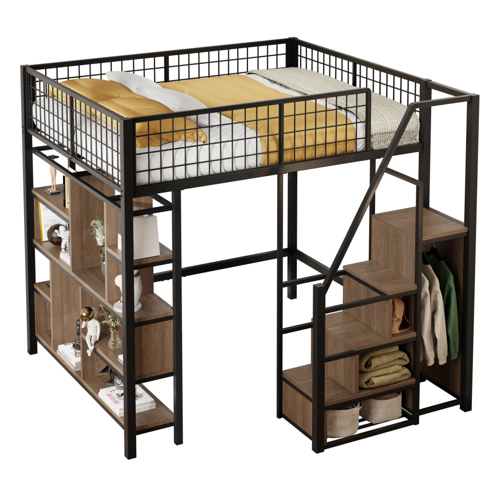 Letto a soppalco multifunzione 140x200 cm in metallo e legno; nero; con scala contenitore e spazio sottostante