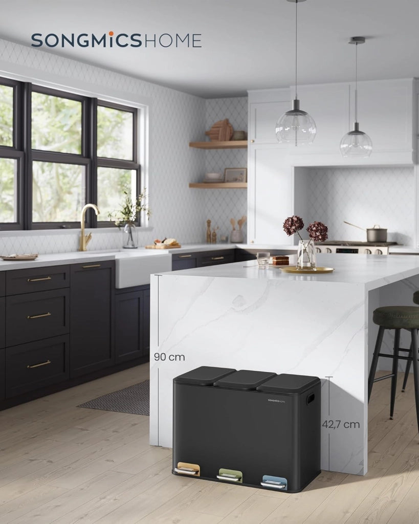 Cestino da Cucina Tripla, Pattumiera per Raccolta Differenziata 3 x 15 L con Pedali Colorati, Raccolta Differenziata, Coperchio e Secchi Interni, Acciaio, Nero Inchiostro