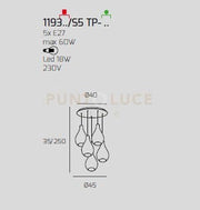 SOSP. OTTONE SAT. 5 LUCI TONDA VETRI PICCOLI (3 BRONZO+2 AMBRA) 1193OS-S5 TP-AB