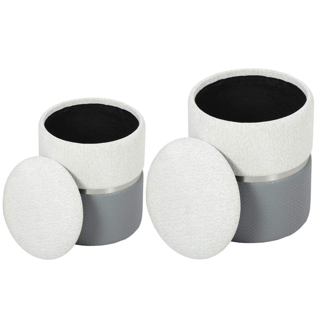 Set 2 Pouf Contenitore ¨C Xylo ¨C Rivestimento Tessuto Chenille e Similpelle Grigio e Crema