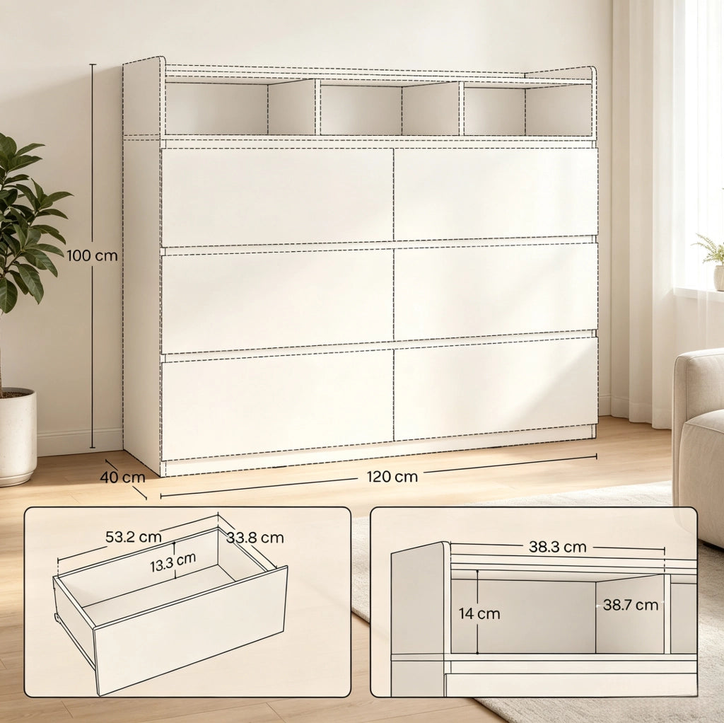 Cassettiera 4 livelli con 6 cassetti e 3 vani aperti 120x40x100 cm nera