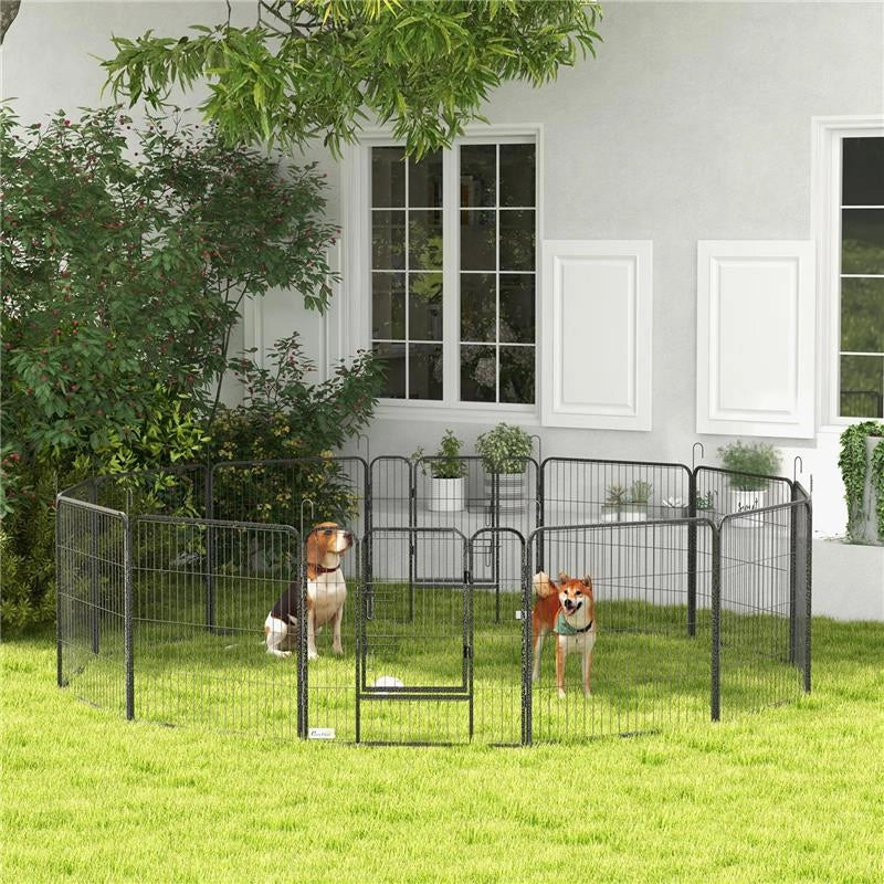 RECINTO PER CANI A 12 PANNELLI MODULABILI DA 80X1.5X80 CM, PIEGHEVOLE CON PORTA IN ACCIAIO, 12 PICCHETTI, GRIGIO