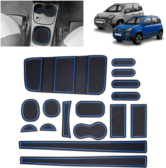 Matten Antislip per auto compatibili con FIAT Panda (2021-2025) | Matrice in gomma originale per console centrale, contenitori porta bibite e fenditure porte | Adatto a FIAT Panda Cross Hybrid 4x2 (blauo)