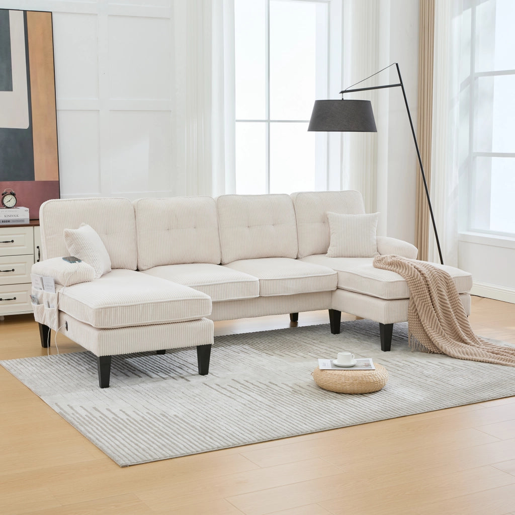 Divano a U 4 posti in corduroy con tasche laterali, schienale ergonomico e seduta imbottita beige 250 × 130 × 88 cm