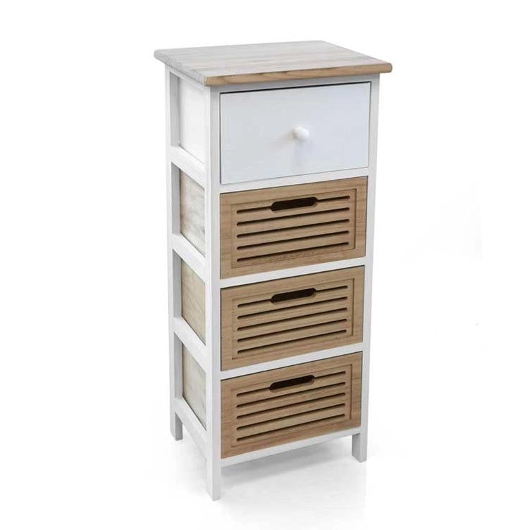 CASSETTIERA IN LEGNO BIANCO CON 4 CASSETTI IN LEGNO NATURALE 34 X 25 X 78 CM