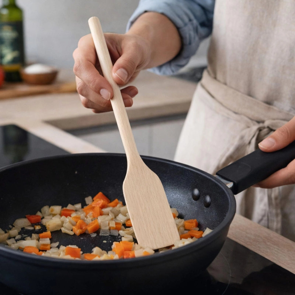 Set Utensili Cucina in Legno Naturale 3 Mestoli Antigraffio 31 cm per Pentole