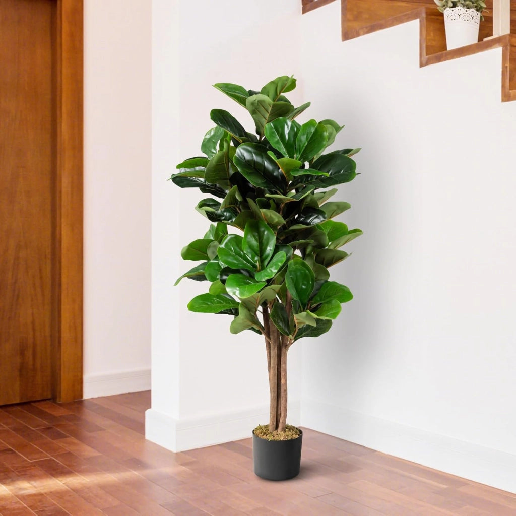 Pianta artificiale, albero di fico artificiale, 120 cm, decorazione in vaso di cemento, pianta verde con tronco e foglie in legno naturale, decorazione per interni