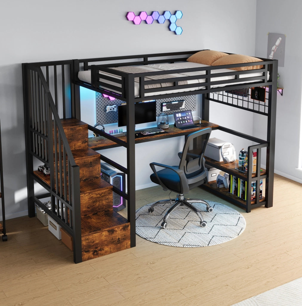 Letto a soppalco 90x200 cm con scrivania, LED e USB