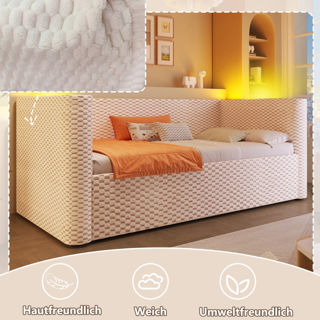 Letto giorno con illuminazione LED in velluto beige 90x200 cm