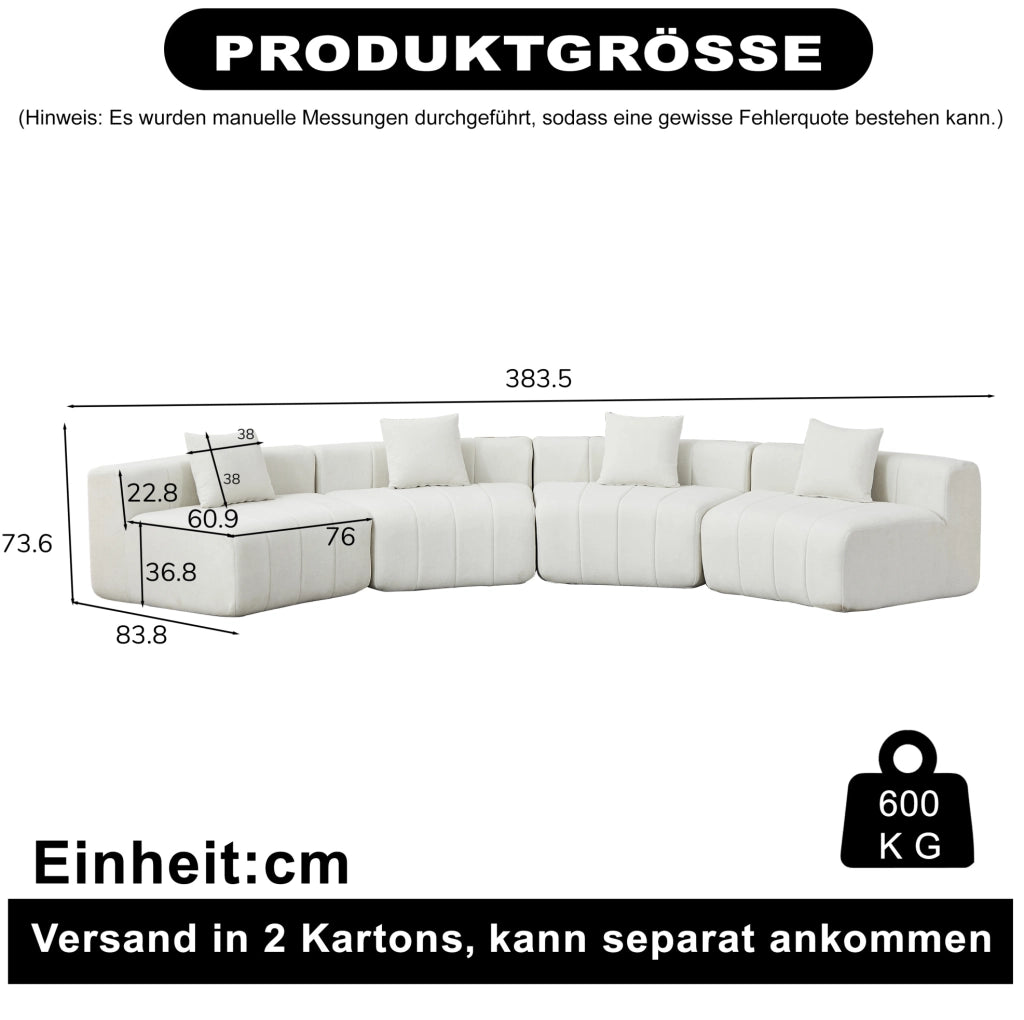 Modulo divano curvo modulare in ciniglia beige con 2 cuscini
