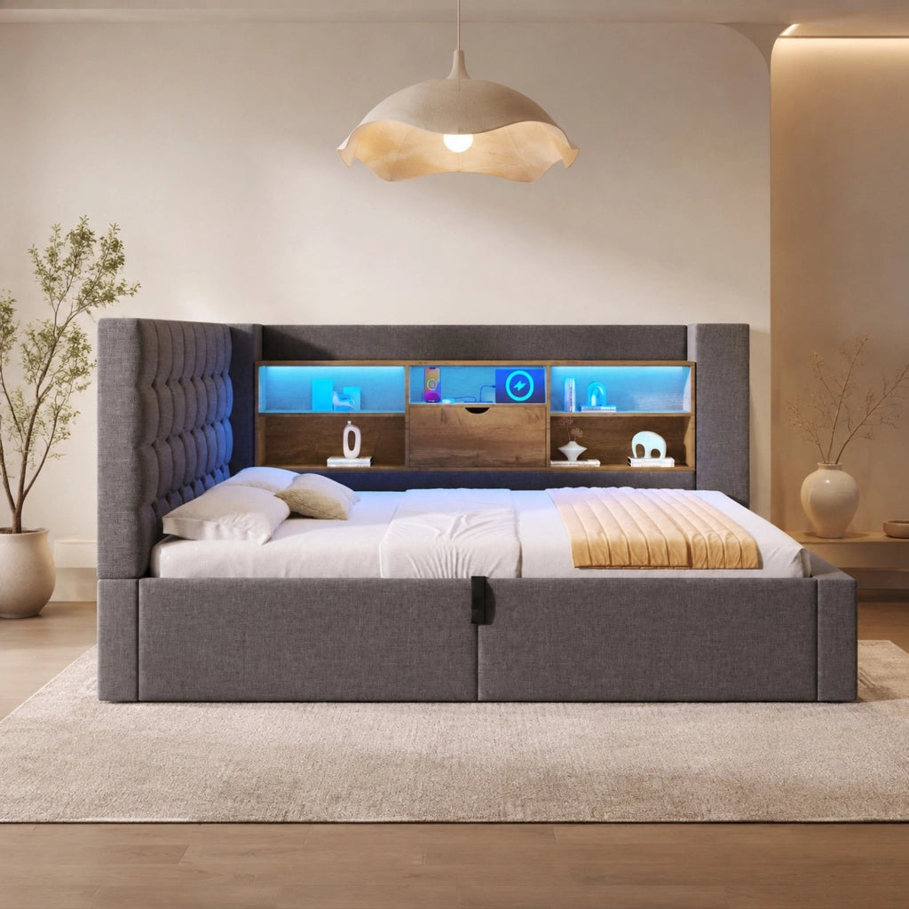 Letto matrimoniale 140x190 cm con LED, porte USB e contenitore idraulico, grigio