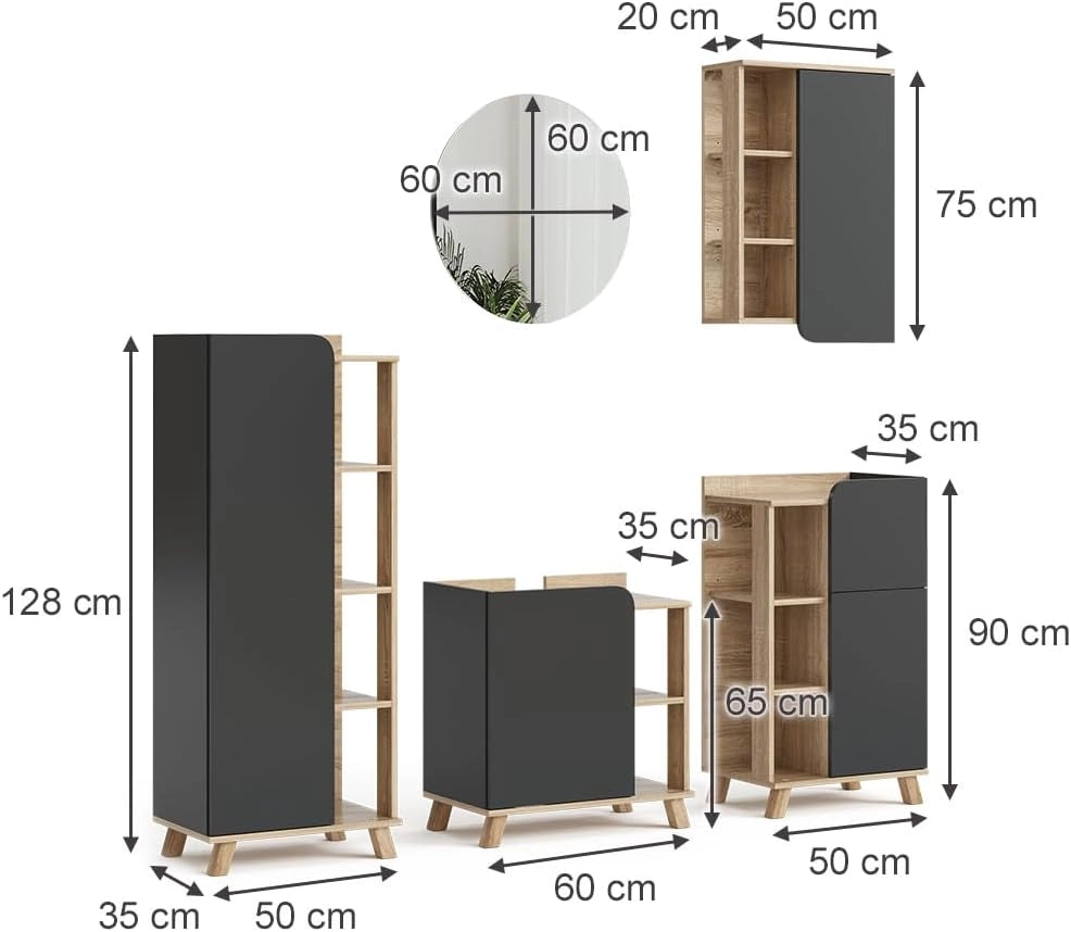 Set di mobili da bagno Karen, Sonoma/antracite, 60 cm, composto da mobile sottolavabo, specchiera, colonna, base media e pensile