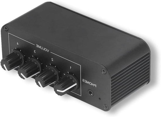 Mixer Stereo a Bassa Rumore con 4 Canali Stereo - Mini Mixer Audio - Ingresso e Uscita RCA - Jack Stereo 3,5 mm - Amplificatore per Casco per Microfono Chitarra Basso