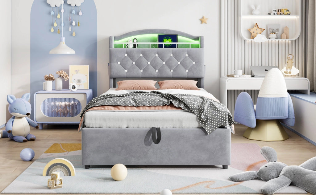 Letto singolo imbottito per bambini 90x200 cm con spazio contenitivo, LED e porte USB, colore grigio