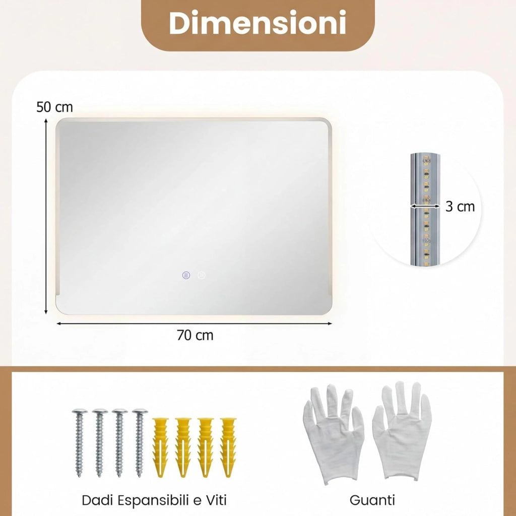 Specchio da Bagno LED 70 x 50 Cm, Vetro Temperato Anti-Esplosione, Specchio da Parete Retroilluminato Dimmerabile con Luci a 3 Colori e Antiappannamento, per Lavabo (70 x 50 x 3 cm)