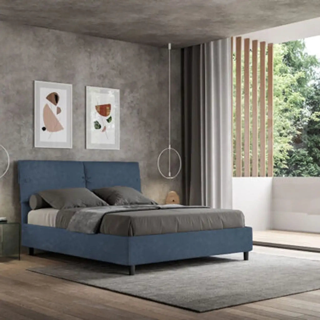 Letto matrimoniale con rete imbottito 160x190 microfibra blu Sleeper