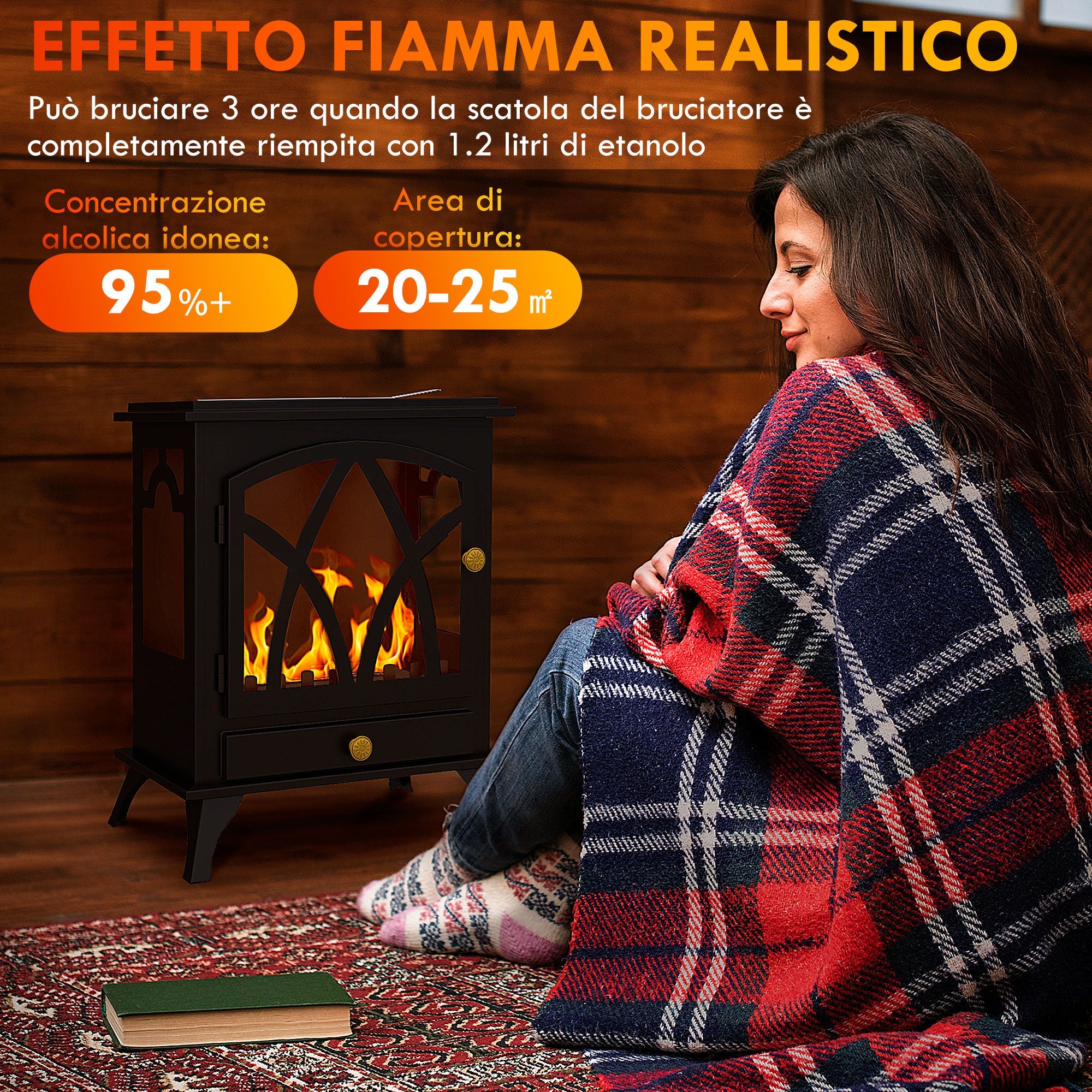 Camino a Bioetanolo da Pavimento 45x28x54 cm Bruciatore 1,2L Nero