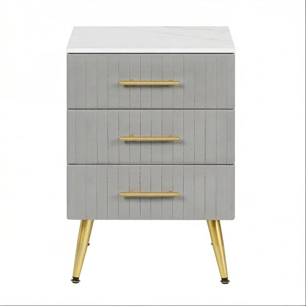 Comodino in velluto con 3 cassetti, MDF e gambe dorate, grigio 40,5 x 41 x 62 cm