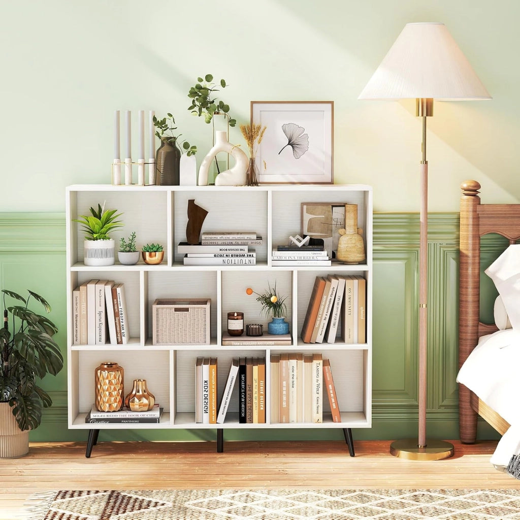 Libreria a 10 Cubi, Organizzatore di Stoccaggio Moderno con 5 Gambe di Metallo, Scaffale per Esposizione con 2 Kit Anti-Ribaltamento per Soggiorno Studio Camera da Letto, Bianco (120x24x107cm)