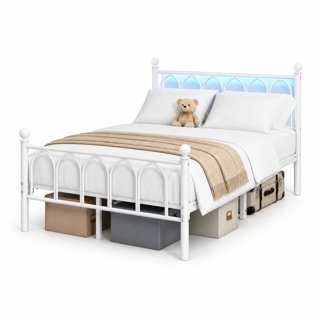 Struttura letto in metallo 120x200 cm con testiera alta, USB, LED e spazio contenitore, bianco