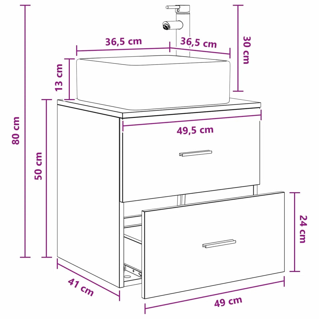 Mobile Lavabo da Parete Rovere Nero 49,5 x 41 x 63 cm 890271