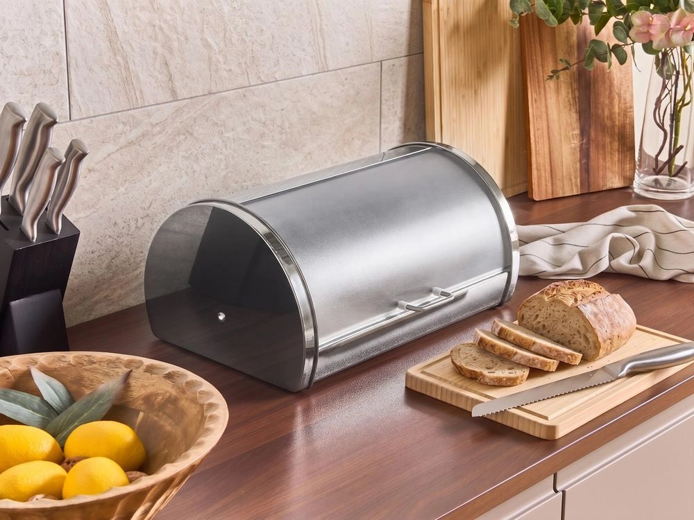 Contenitore per il pane in acciaio inossidabile argento 38 x 26 x 19 cm decorativo con coperchio avvolgibile Cucina moderna