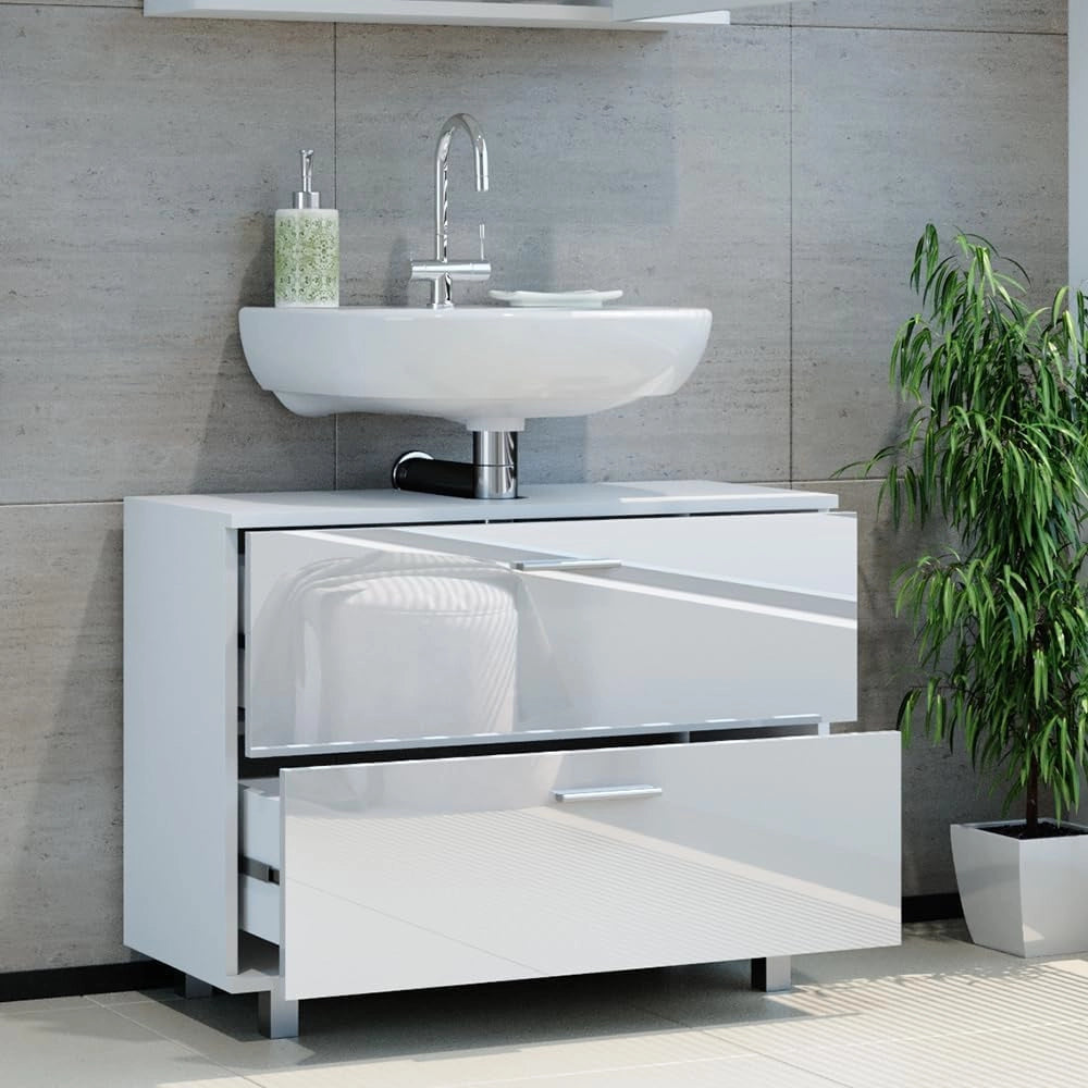 Mobile sottolavabo per bagno Ilias, Bianco lucido, 80 x 60.8 cm, con ritaglio per sifone e aperture di ventilazione laterali