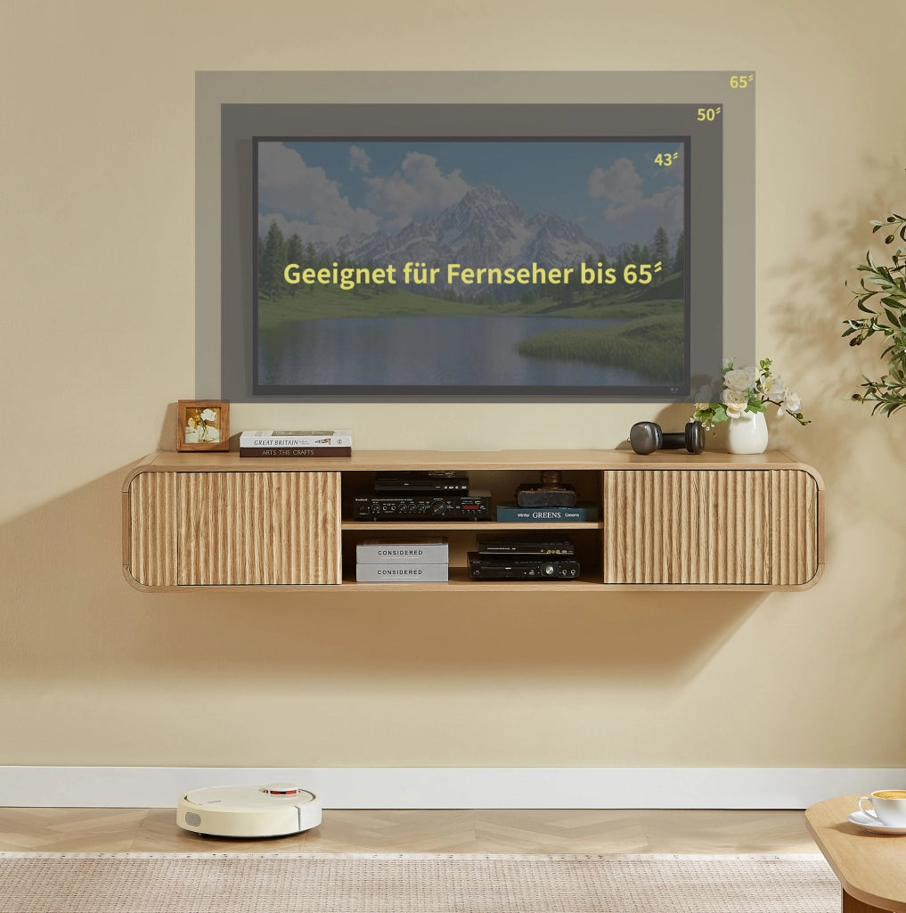 Mobile TV sospeso 160 cm naturale con vani aperti e passacavi