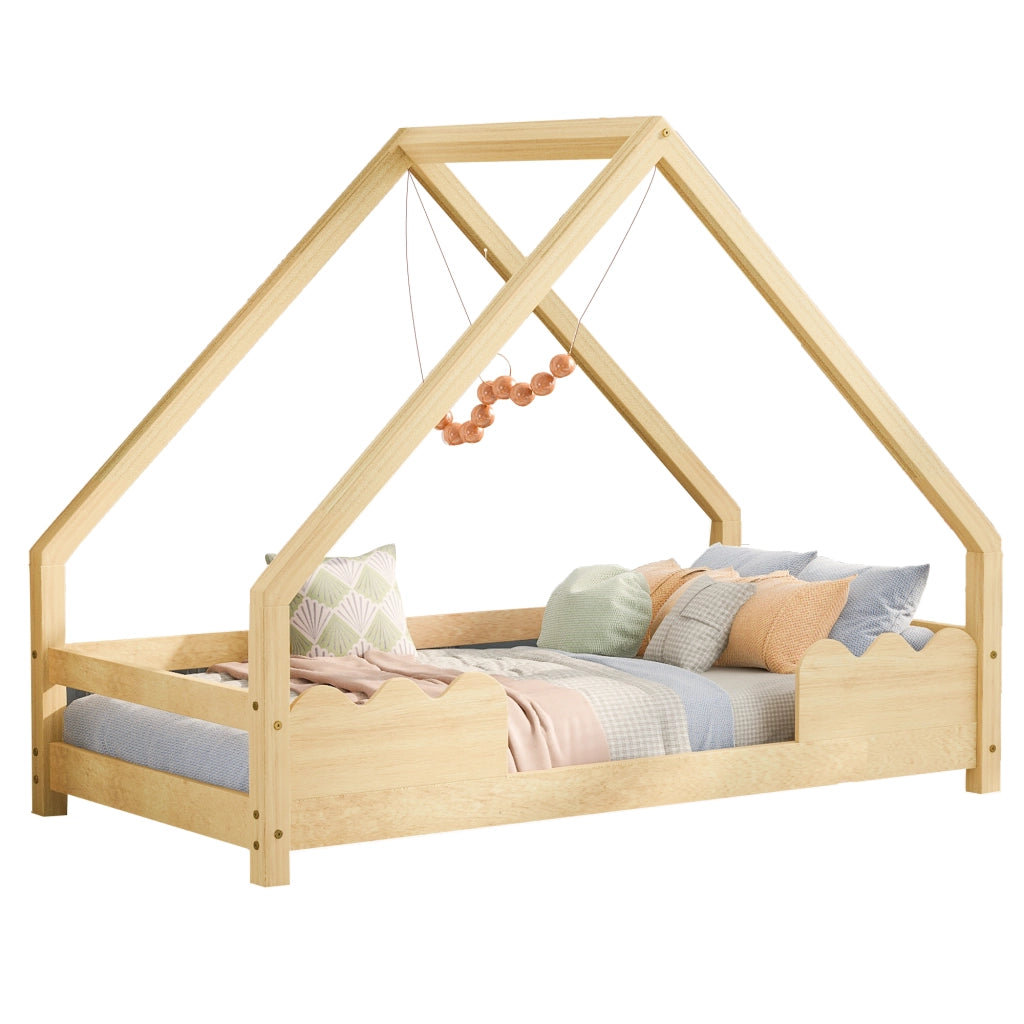 Letto per bambini singolo 90×200 cm con barriera; rete inclusa; senza materasso; legno naturale