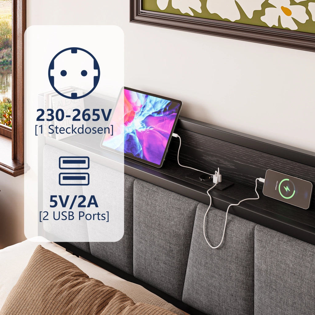 LETTO 140x190 cm con LED e stazione di ricarica USB Nero MDF e metallo