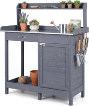 Tavolo da Giardinaggio in Legno con Piano in Acciaio (Grigio) | Tavolo per Piante con Ripiani Aperti, Armadietto, Cassetto e 3 Ganci, Banco da Lavoro per Giardino e Balcone, 112x46,5x125 cm