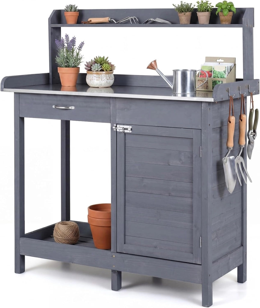 Tavolo da Giardinaggio in Legno con Piano in Acciaio (Grigio) | Tavolo per Piante con Ripiani Aperti, Armadietto, Cassetto e 3 Ganci, Banco da Lavoro per Giardino e Balcone, 112x46,5x125 cm