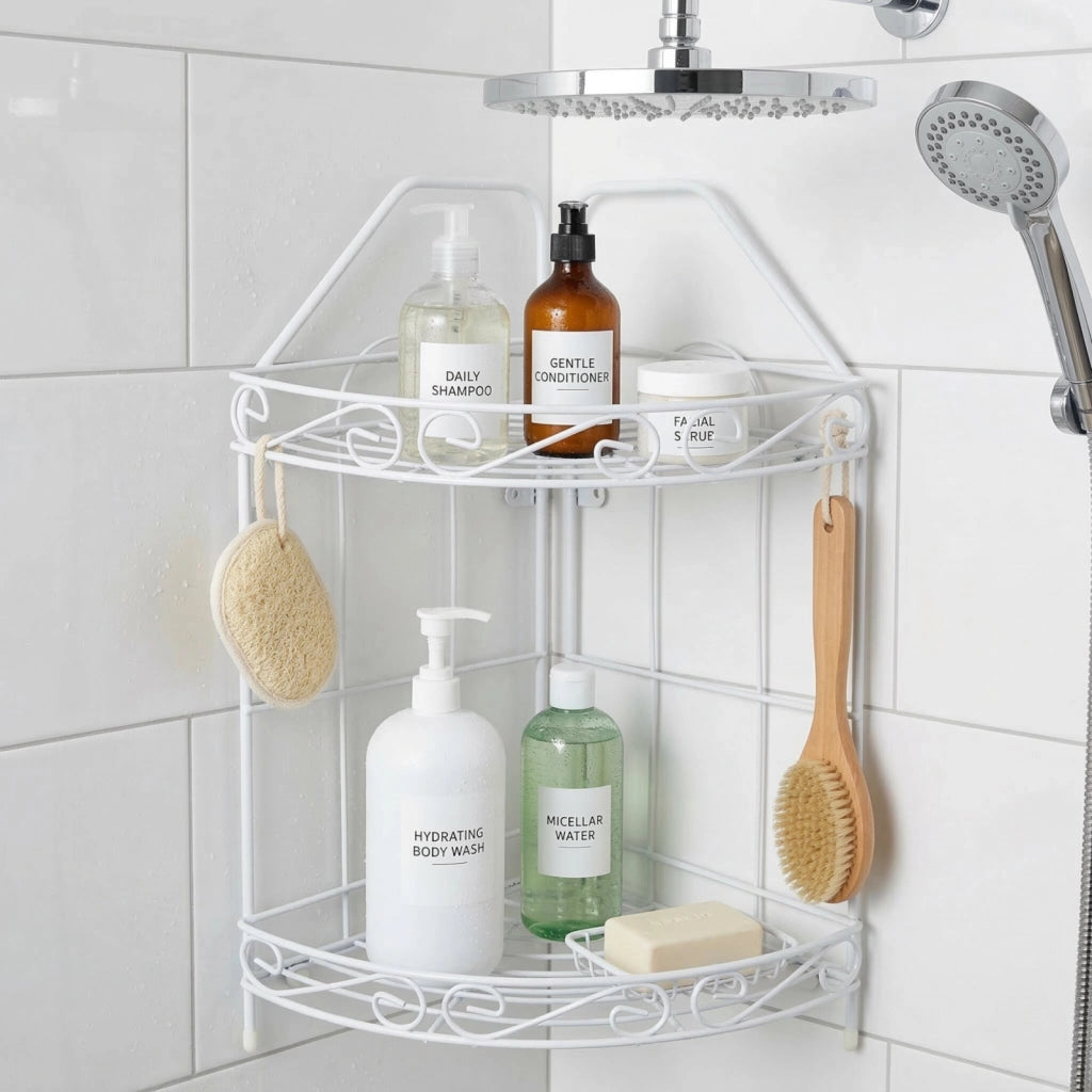 Scaffale Angolare 2 Mensole Portaoggetti Per Bagno e Doccia Sapone Shampo 52527