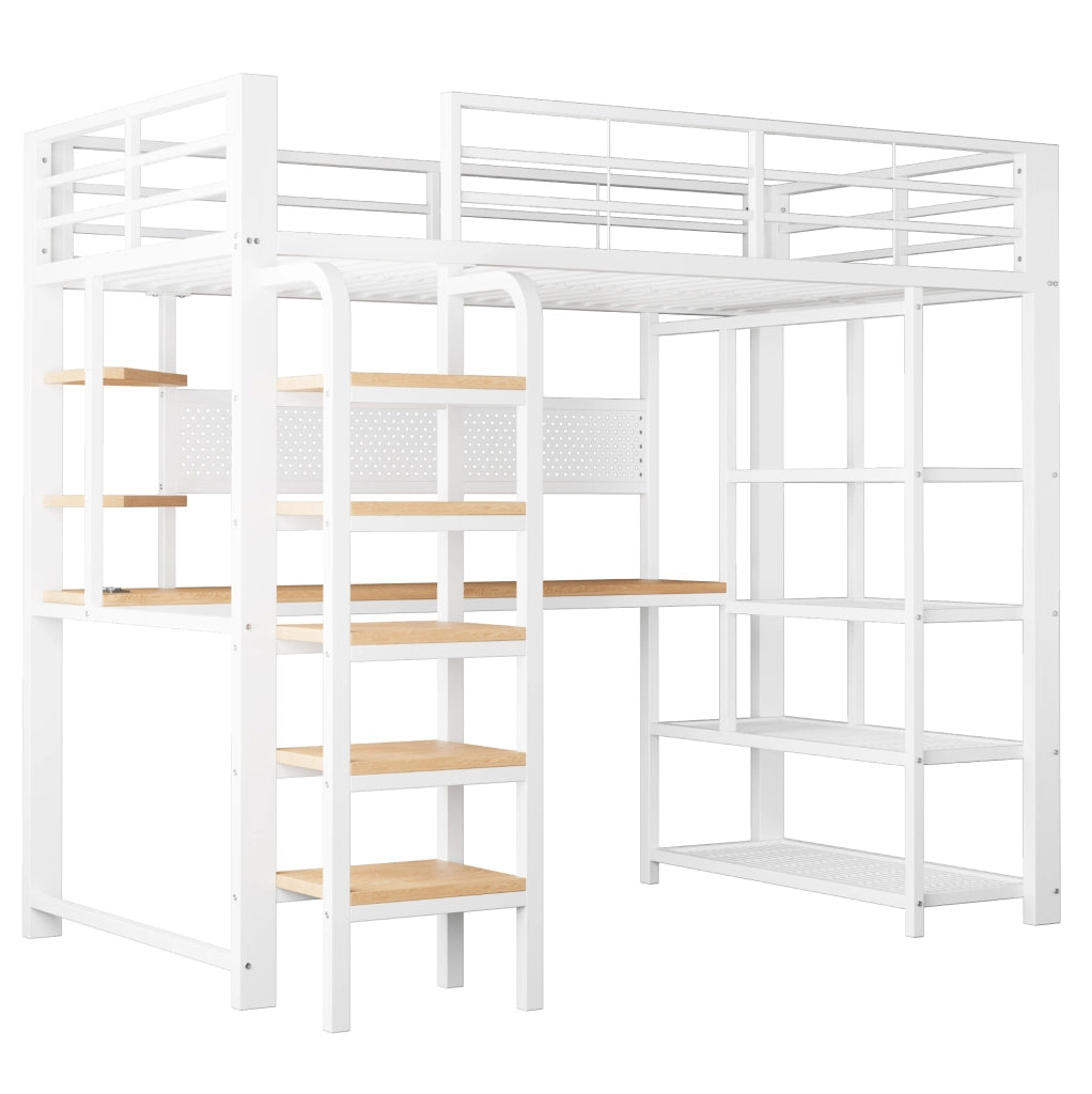 Letto a soppalco ULEVR 90x200 cm con scrivania, LED multicolore, prese integrate e ripiani, bianco