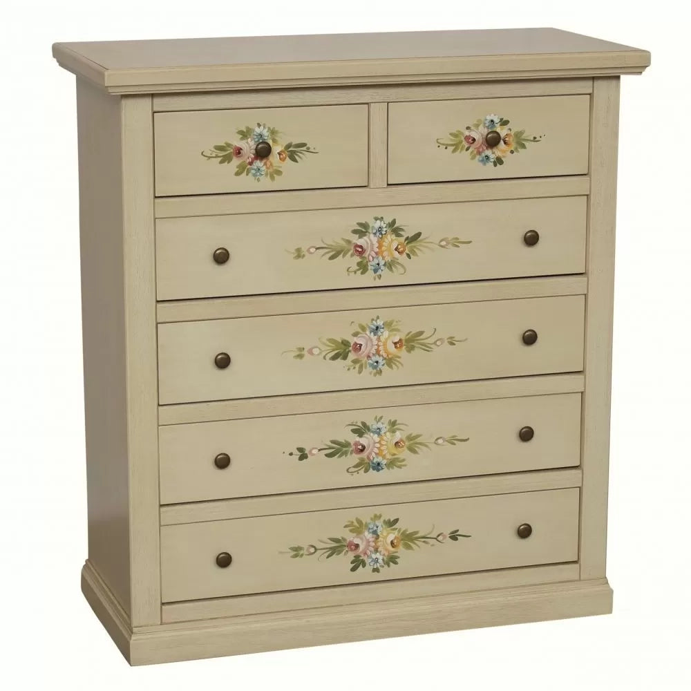 Cassettiera 6 cassetti in legno shabby avorio anticato decorato 86x40x96 - Mobili 2G