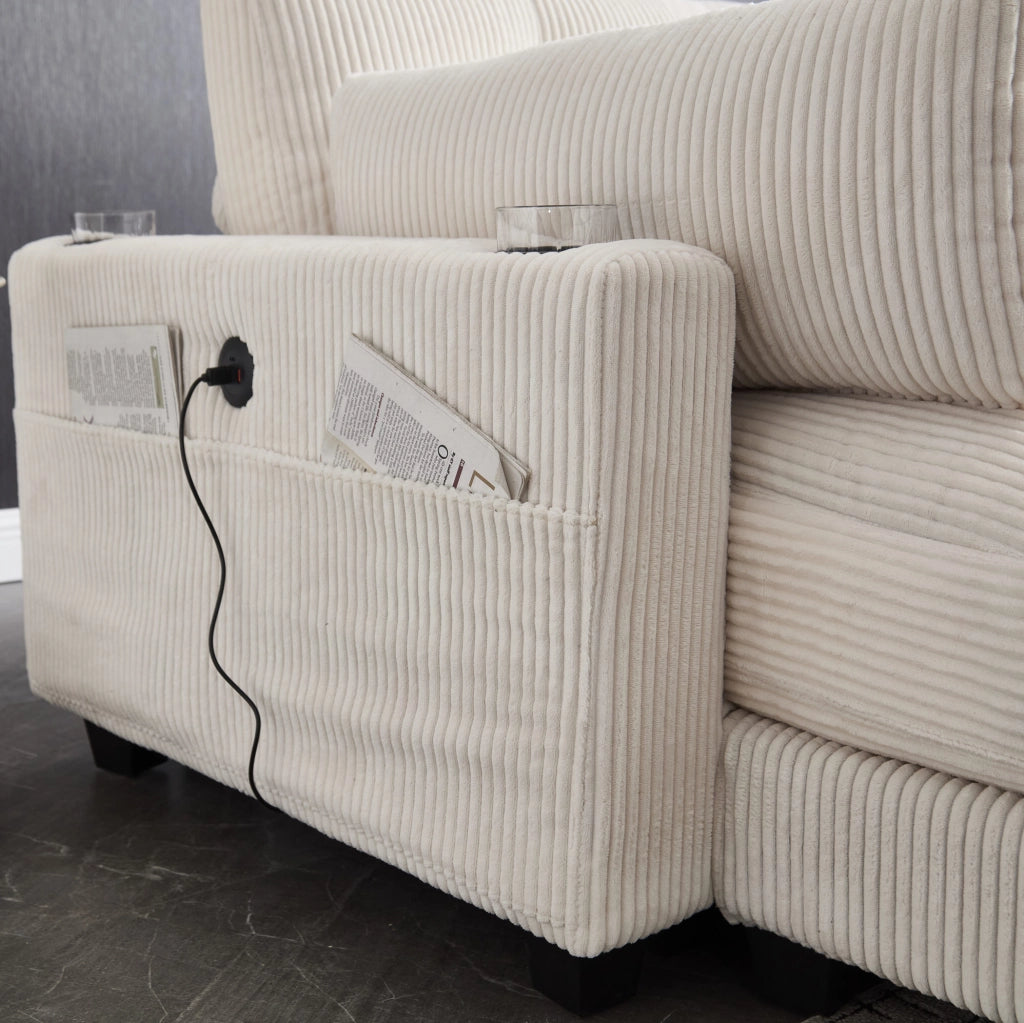 Divano 2 posti modulare 224 cm in velluto a coste beige con USB HOMVRA