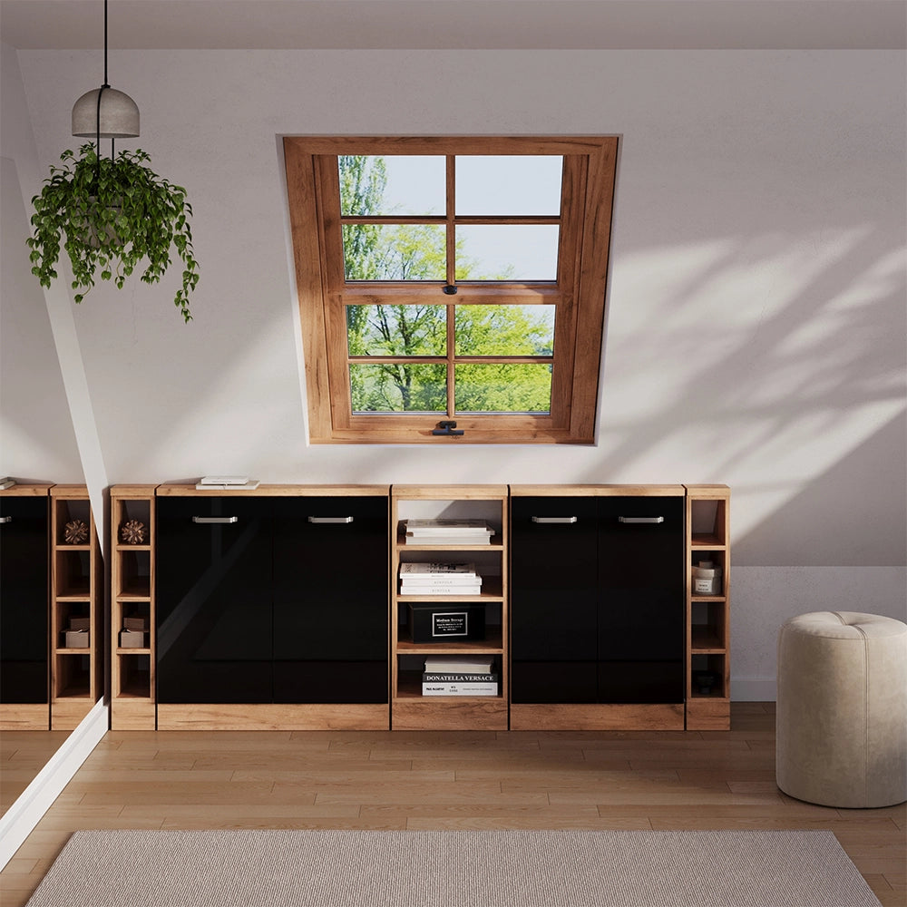 Set di mobili sottotetto Rion Nero lucido/Rovere dorato Set di 5 Vicco