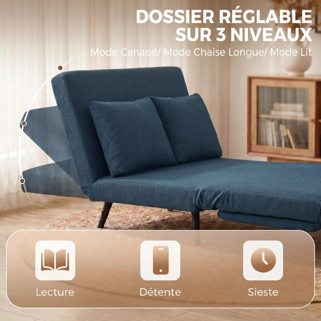 Divano Letto 3 in 1 ¨C Minimal ¨C Blu, Tessuto, Dossier Regolabile, Cuscino