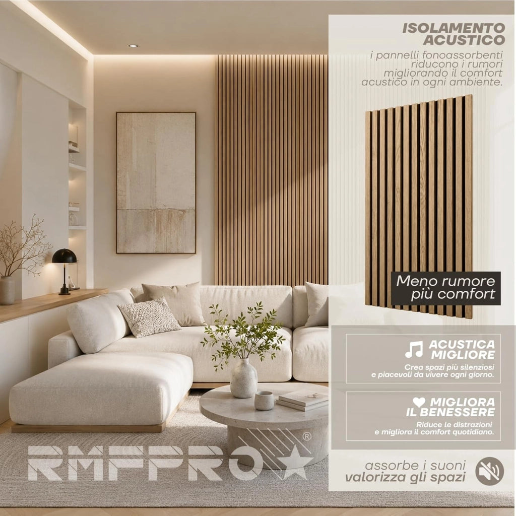RMF PRO 1 Pannello Decorativo Parete Legno Teak Fonoassorbente 120x60 cm (0,72 m²) – Singolo Rivestimento Acustico a Listelli MDF per Soggiorno, Camera e Ufficio