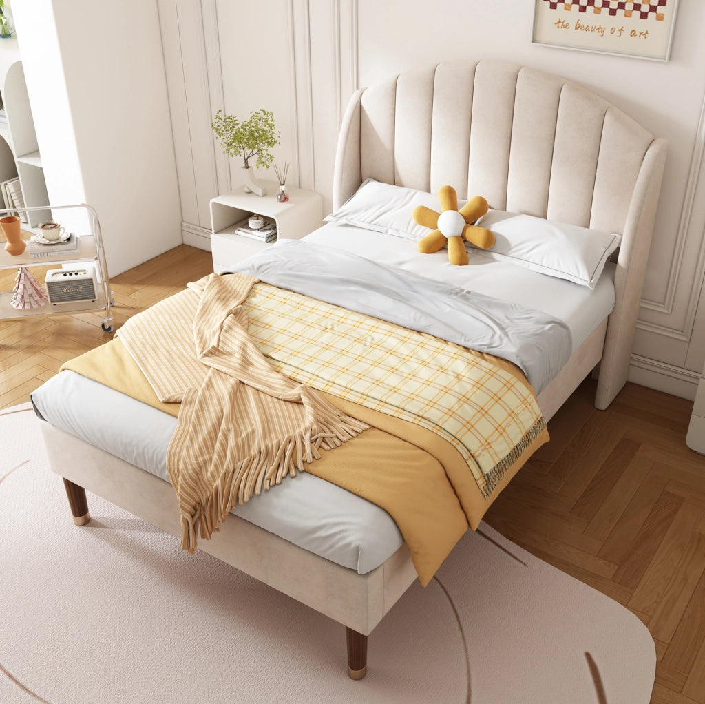 Letto imbottito 90x200 cm in velluto beige con rete a doghe e testiera