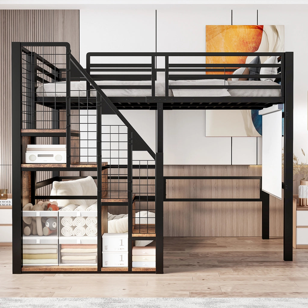 LETTO a soppalco 90x200 cm in metallo nero con scala e spazio contenitivo
