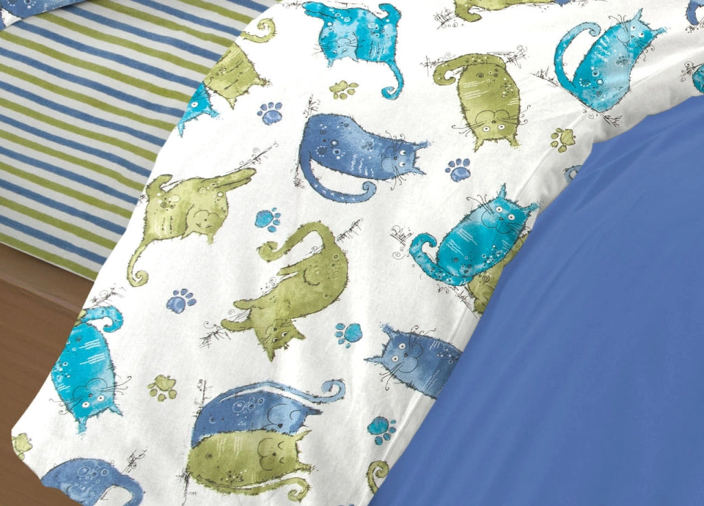 Completo Lenzuola Letto 100% Cotone Disegno Gatti Animali Micio Colorato Mod RP Made In Italy - 2 Piazze - Blu