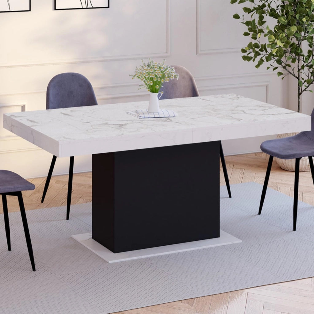 Tavolo da pranzo rettangolare allungabile EDEN 6-10 persone con piano ALASKA effetto marmo bianco e nero 160-200 cm