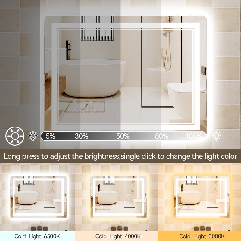 Specchio da bagno, specchio da bagno LED , 60x80 cm, 3 temperature di colore, antiappannamento, dimmerabile, impermeabile IP44