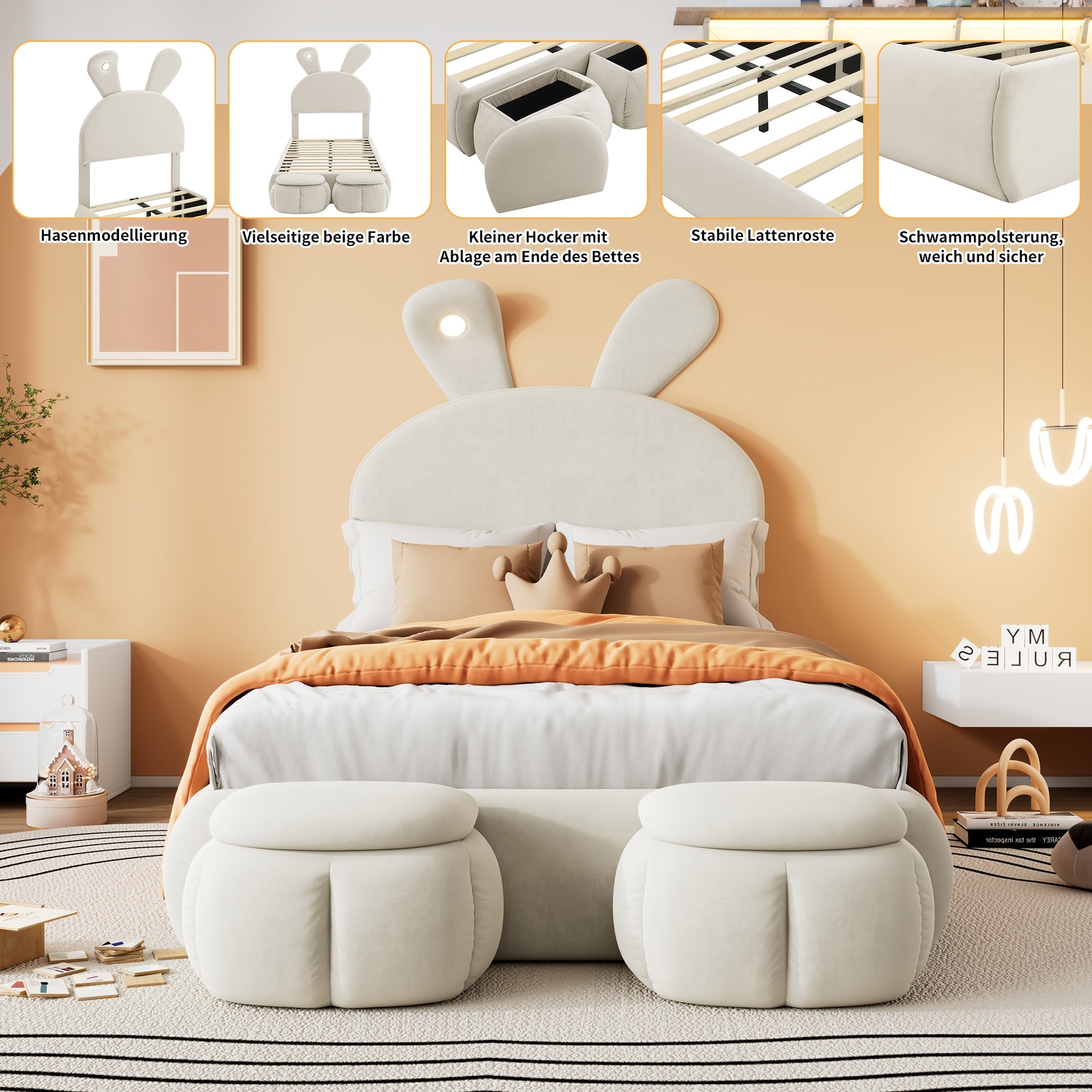 Letto imbottito 90x200 - Xylo - Beige, velluto, con illuminazione