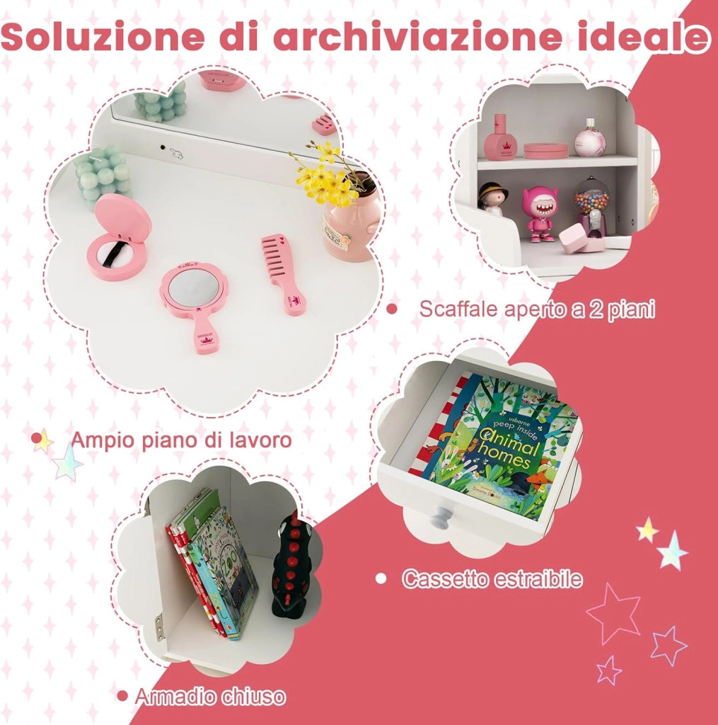 Toeletta Trucco 2 in 1 per Bambina, Specchiera per Ragazza in Legno con Mensole, Cassetto, Ripiani e Luci LED Regolabile, Postazione Trucco per 3 Anni, 80 x 40 x 94 cm (Bianco)