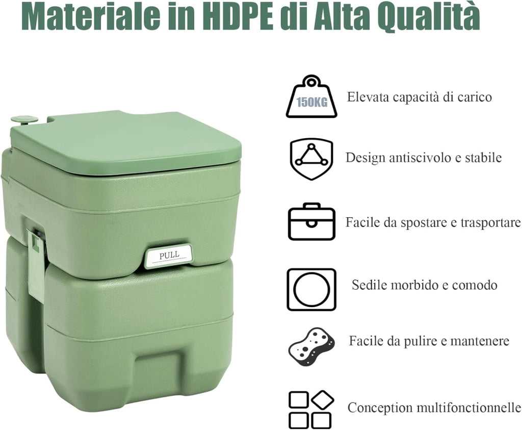 WC Portatile 20L, Bagno Chimico con 2 Serbatoi Rimovibili, Coperchio Anti-Odore, Maniglia, Carico Massimo 150 KG, Toilette Portatile per Campeggio, Viaggi, Auto, 36 X 42 X 43 CM (Verde)