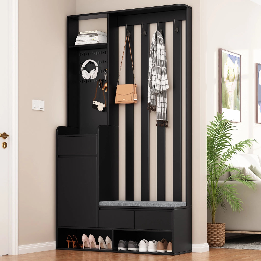 Attaccapanni da ingresso 100x35x180 cm con panca; armadietto e pannello forato in MDF nero