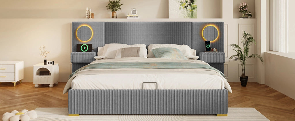 Letto matrimoniale 180 × 200 cm con contenitore idraulico, LED e USB, senza materasso, in velluto, grigio
