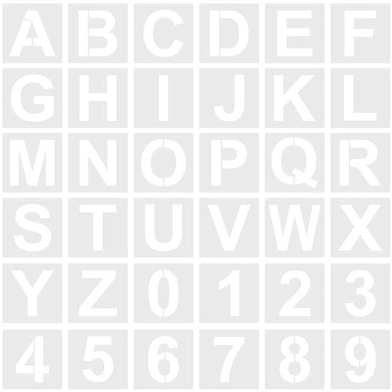 Serie di stencil 36 pezzi - Lettere e cifre riciclabili - Plastica - 5 cm di altezza - Per piatti di legno/ decorazione di torte - Bianco - Stencil di lettere